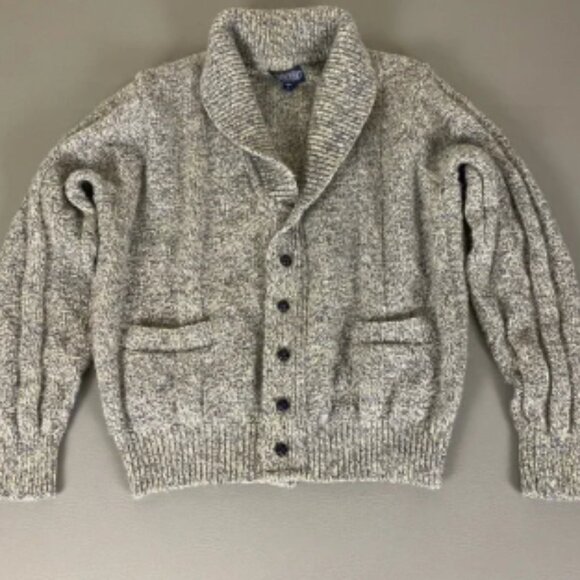 Vintage Lands' End Cardigan Men's Large Gray Cable Knit Wool w/ Elbow Patch USA - Picture 1 of 6